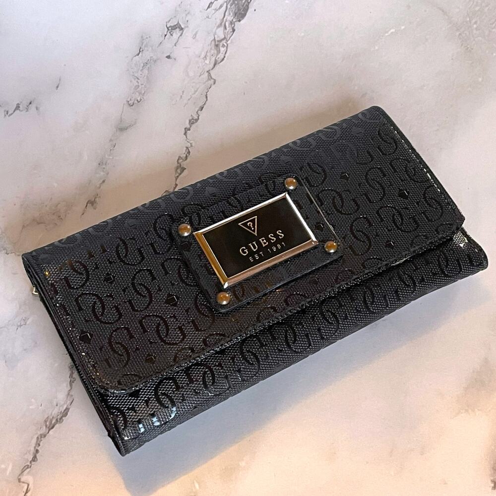GUESS Black Logo Trifold Wallet Checkbook Organizer Card Holder Clutch